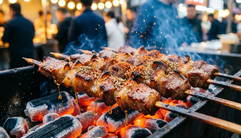 Xinjiang-style lamb skewers seasoned with cumin on a charcoal grill