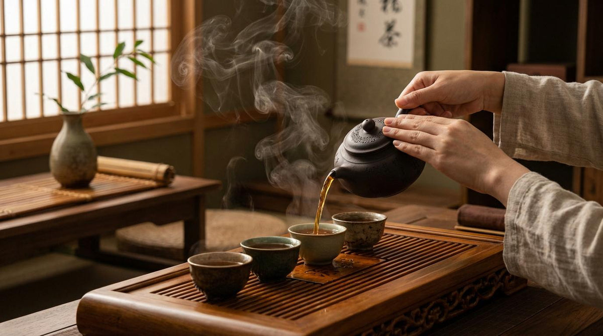 A traditional Chinese gongfu tea ceremony with a small teapot and tasting cups