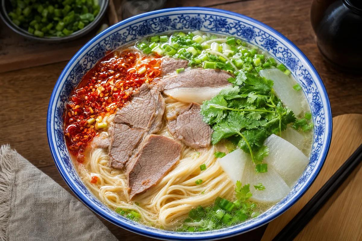 Lanzhou beef noodle soup with hand-pulled noodles, clear broth, beef and fresh herbs