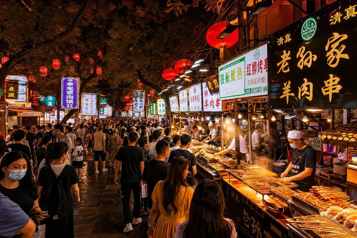 A lively Chinese food street with local food stalls and freshly prepared street food