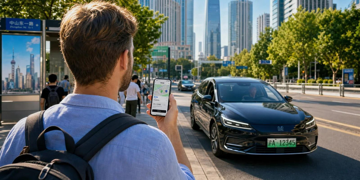 Ride-hailing car on a busy street in a modern Chinese city