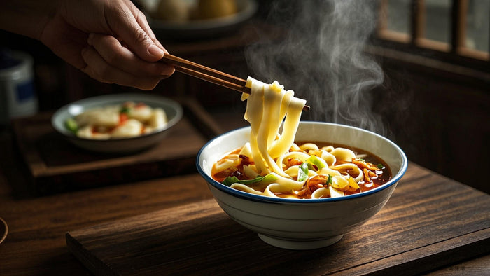 Chinese noodle dish photographed in natural light while traveling in China