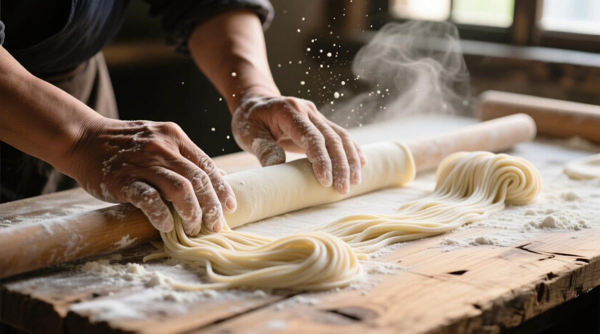 Homemade Chinese wheat noodles with flour and a rolling pin on a wooden work surface
