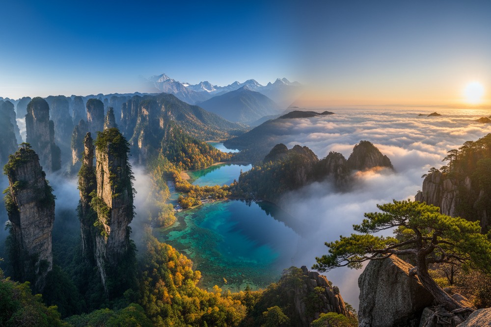 Zhangjiajie Jiuzhaigou and Huangshan mountain landscapes in China
