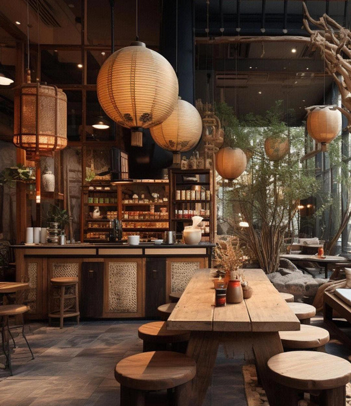 Chinese-style cafe with a courtyard setting wooden lattice screens and a ceramic coffee cup