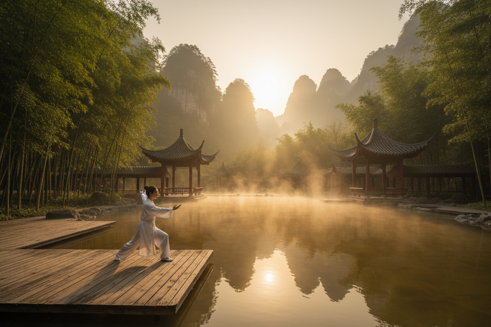 Chinese wellness retreat with hot springs and Tai Chi