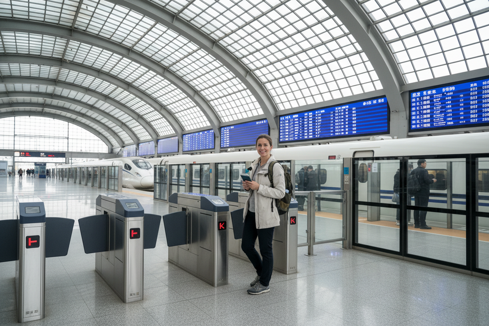 Foreign traveler using passport to board high-speed train in China railway station