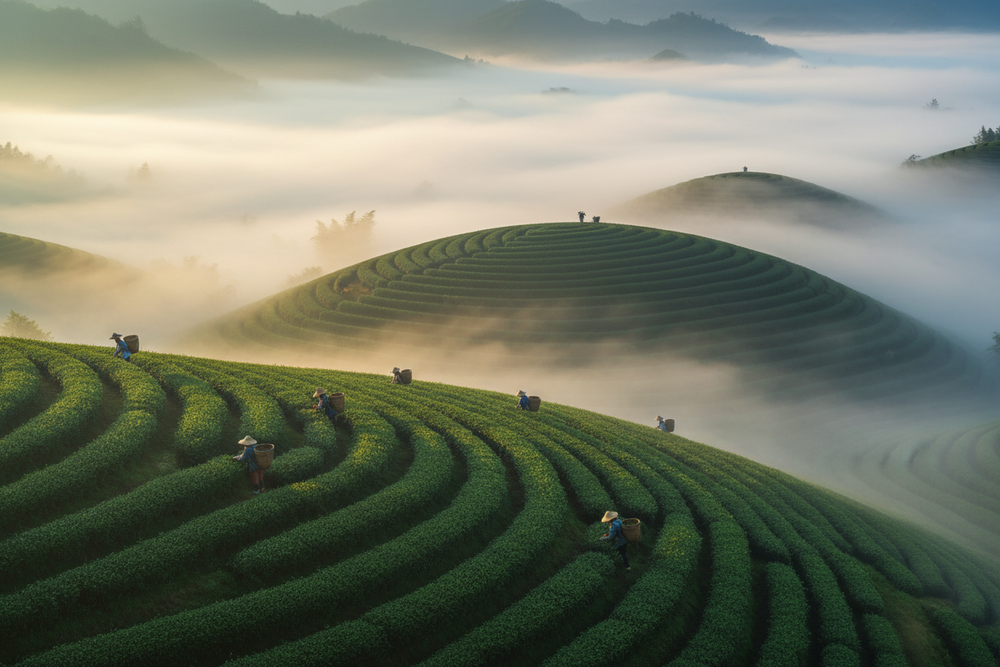 Hangzhou Longjing tea plantation misty terraced hills with tea pickers at sunrise, Zhejiang China