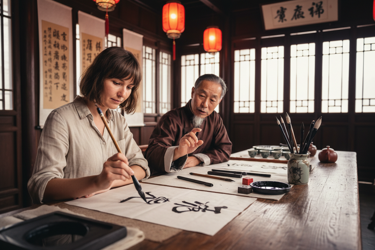 Tourist practicing Chinese brush calligraphy at a guided workshop in Beijing with ink and rice paper
