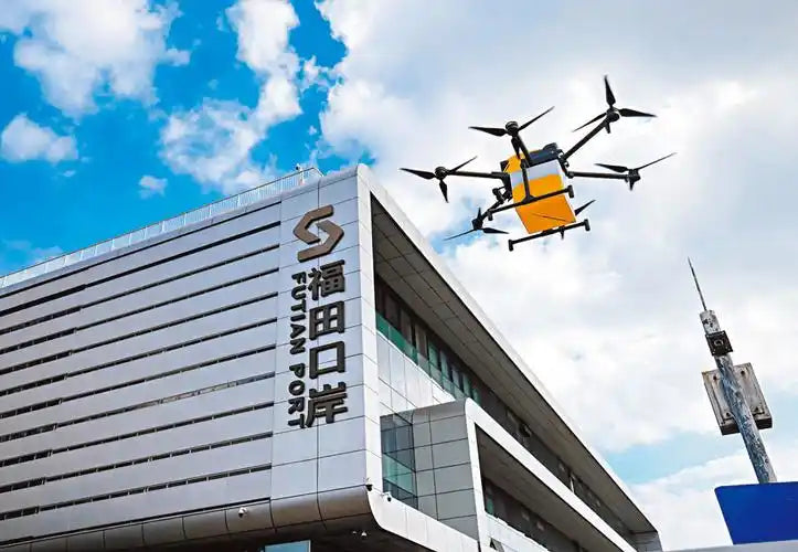 Tourist experiencing drone delivery service in Talent Park Shenzhen, low-altitude technology travel experience