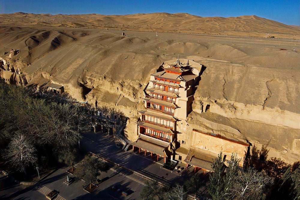 Mogao Caves and desert landscape in Dunhuang