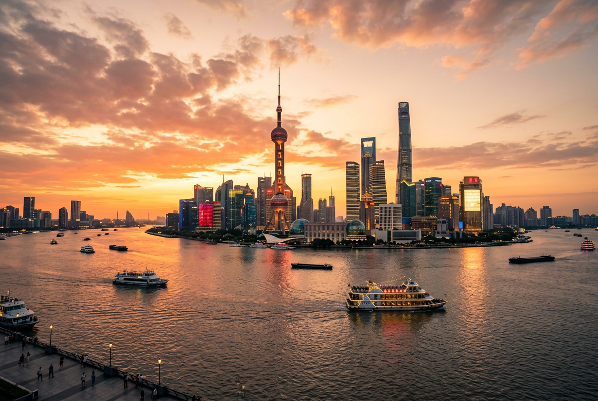 Shanghai, China — the Bund waterfront, historic streets and modern skyline